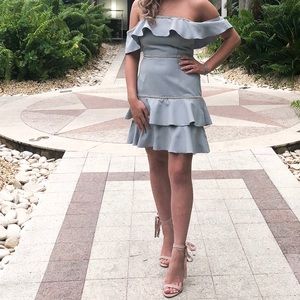 MISSGUIDED BLUE BARDOT RUFFLE PEARL SWING DRESS